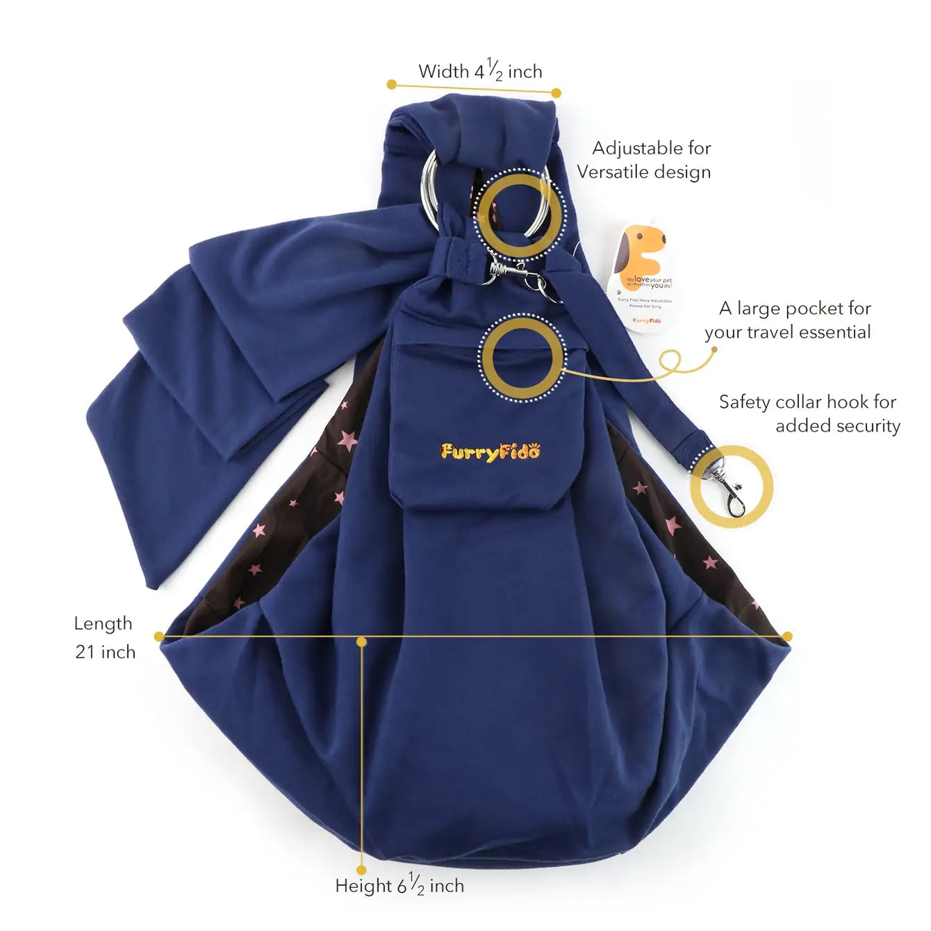 Furry Fido Adjustable Pocket Pet Sling - Navy