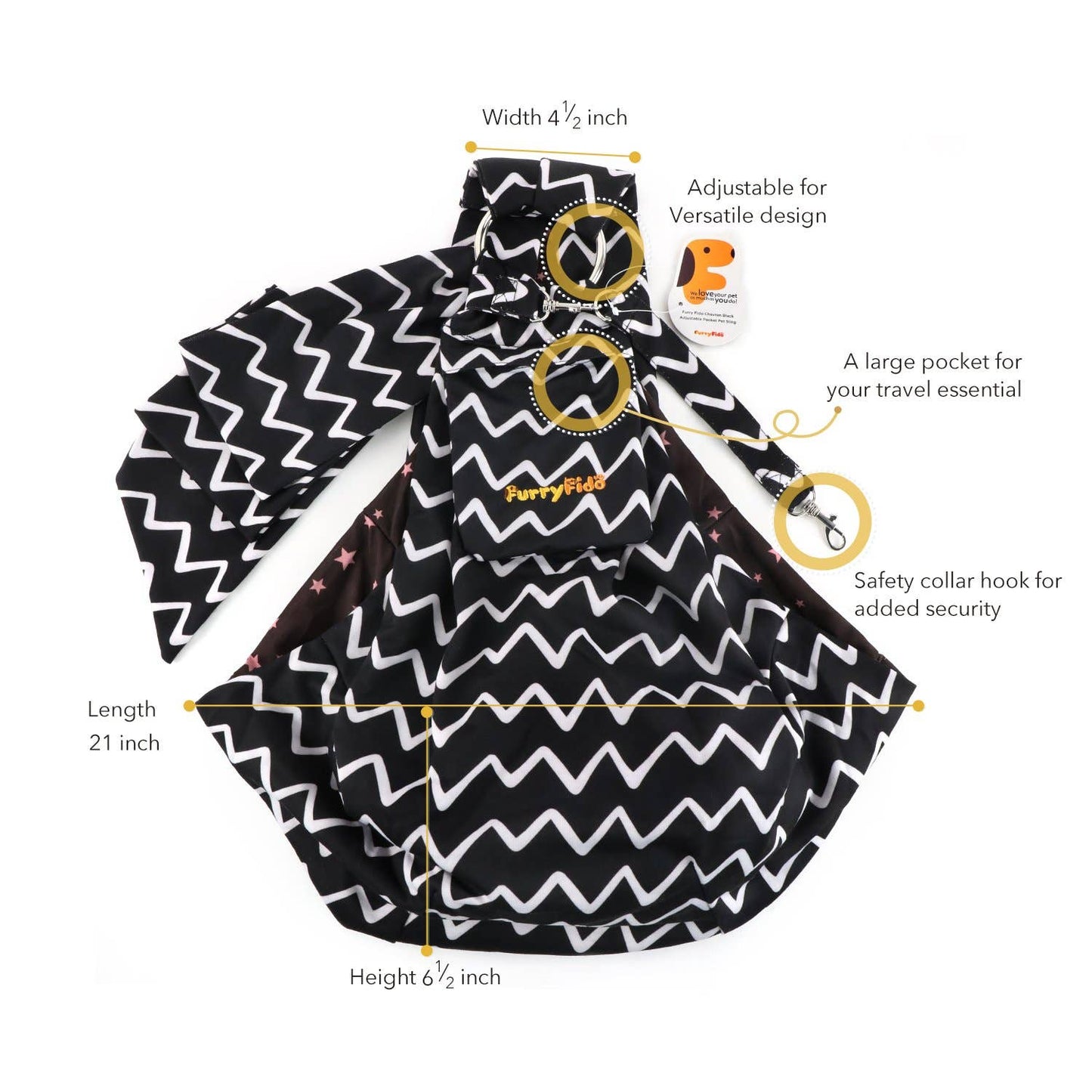 Furry Fido Adjustable Pocket Pet Sling - Chevron Black