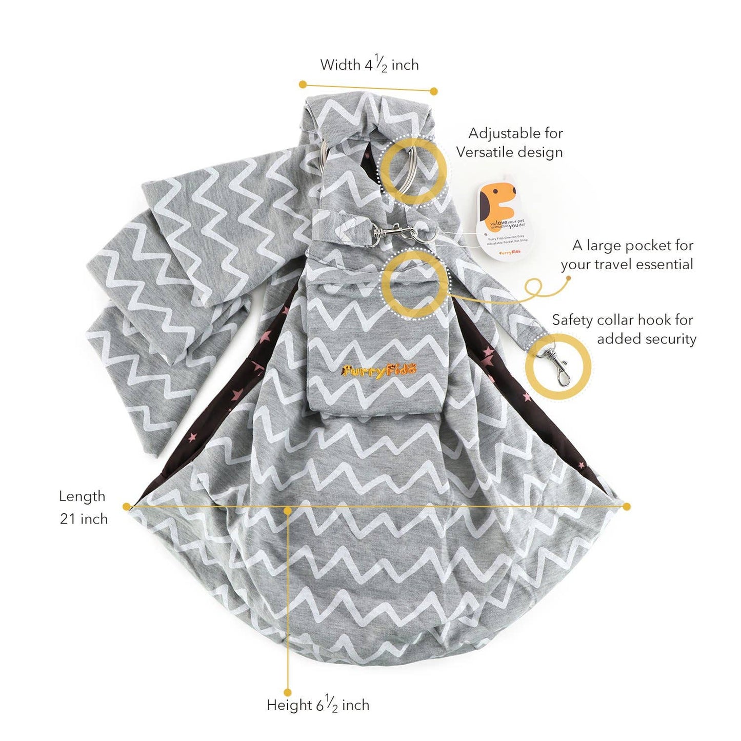 Furry Fido Adjustable Pocket Pet Sling - Chevron Grey