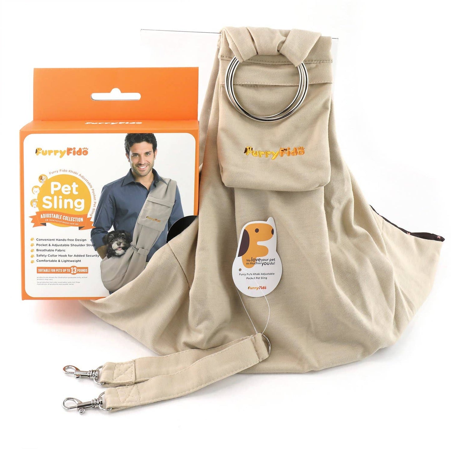 Furry Fido Adjustable Pocket Pet Sling - Khaki